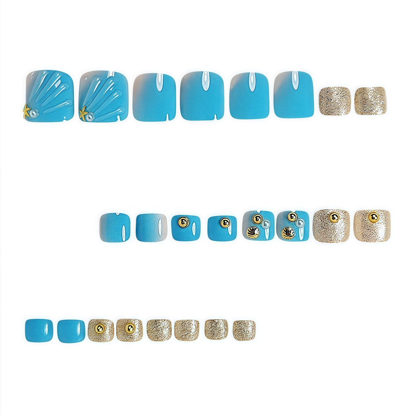 Ombre Blue Press on Toenails Short Square with Summer 3D Starfish Shells Gold Glitter Designs Full Cover Acrylic Beach Pearl False Toe Blue Gradient toenail Stick for Women 24Pcs