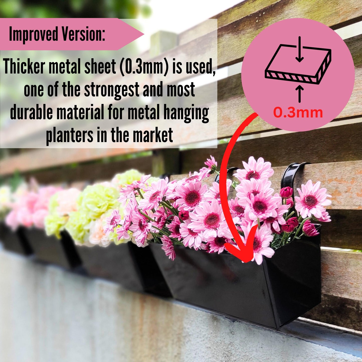 LaLaGreen Rail Planter (16 Inch, 6 Pack) Rectangular Metal Metal Hanging Flower Pots Railing Fence Balcony Gardening for Apartment Patio Planters Garden Style Iron Outdoor Deck Decoration Porch Decor