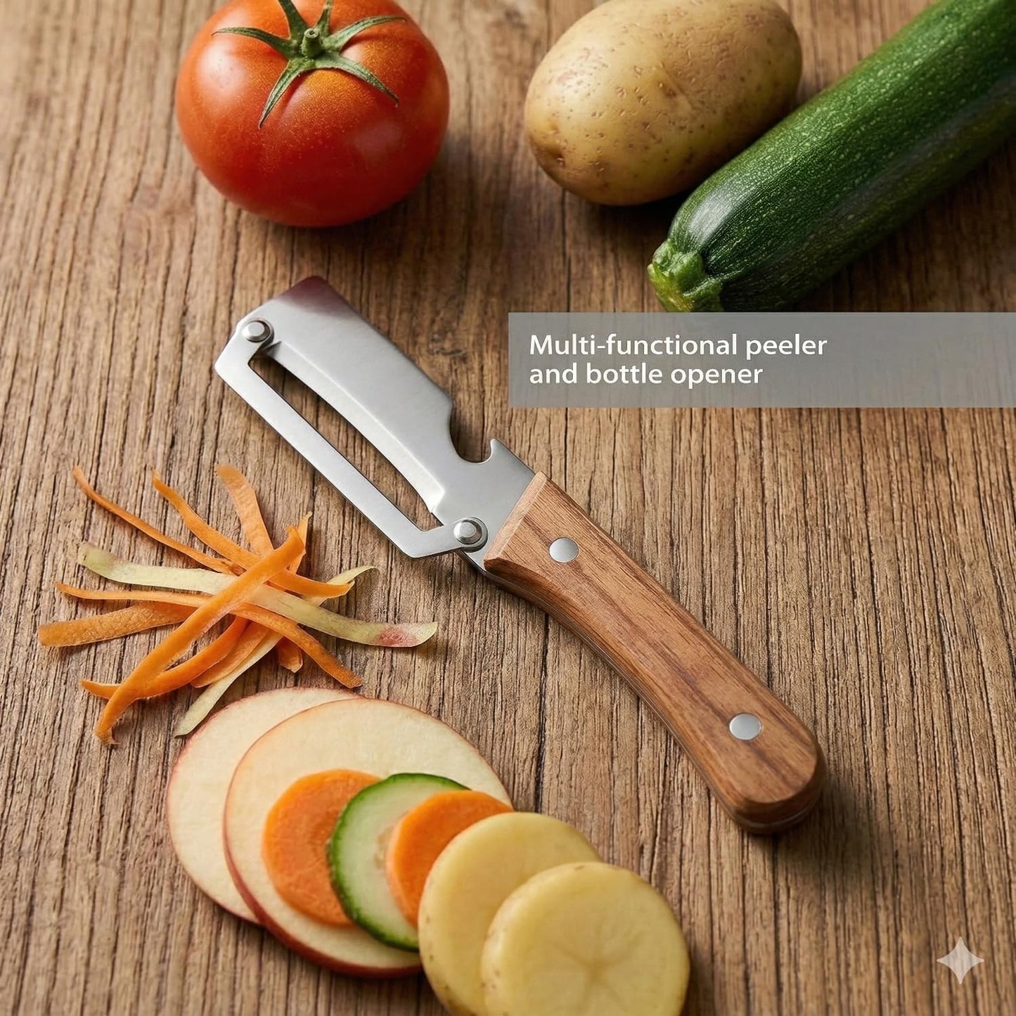 Multifunctional Vegetable Peeler with Wooden Handle, 2-in-1 Stainless Steel Vegetable Peeler with Built-in Bottle Opener for Kitchen, Hand Held Peeler Slicer Kitchen Tool for Fruit and Vegetable