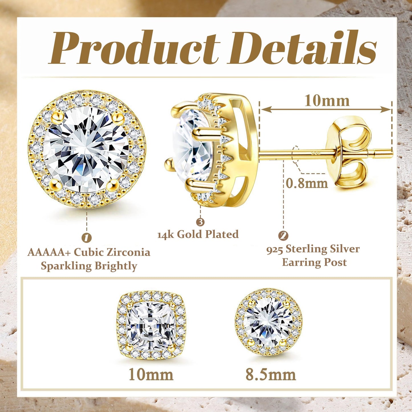 Hayoso 18K Gold Plated Halo Stud Earrings 925 Sterling Silver Cubic Zirconia, Round Square Diamonique Stud Earrings Set for Women Men - Gold