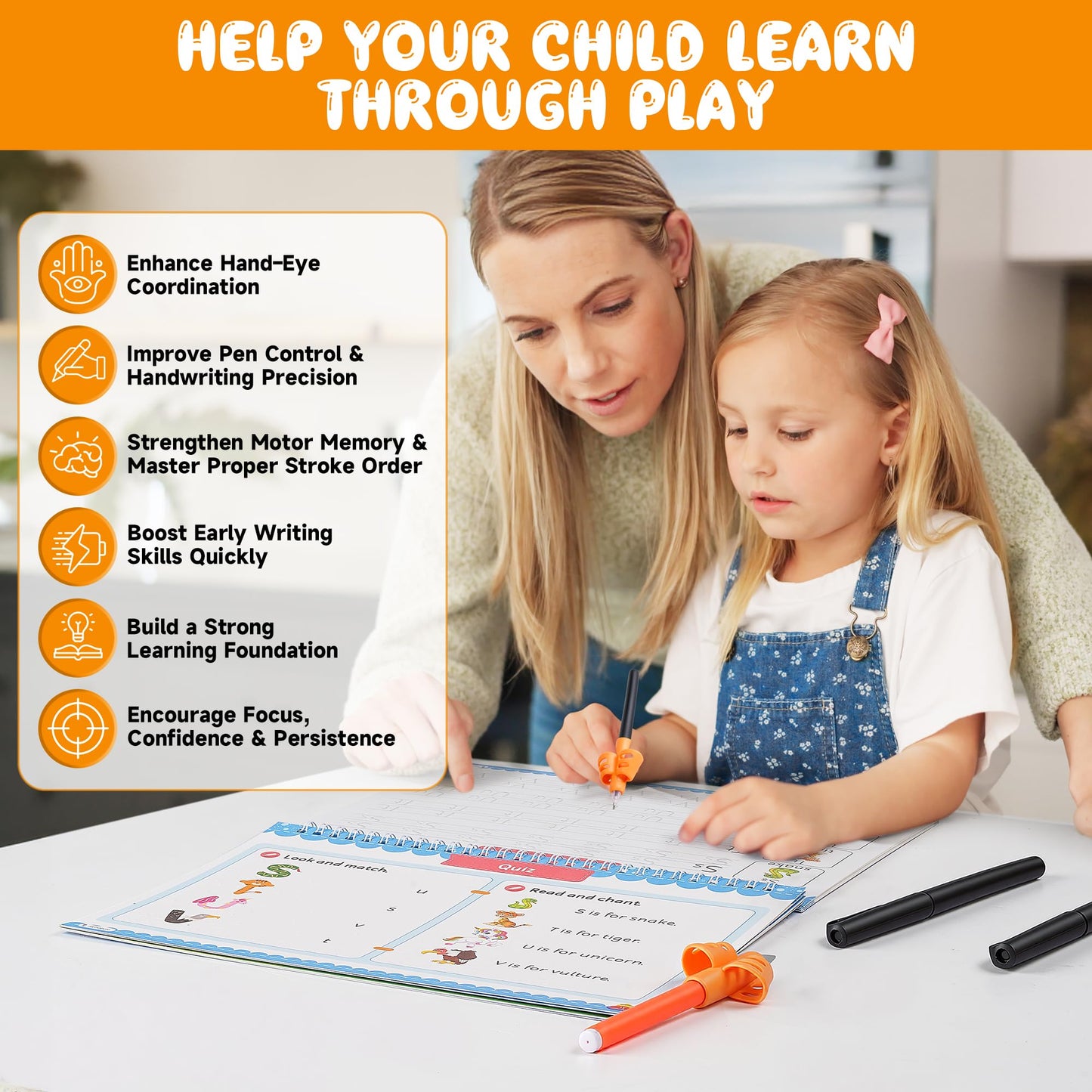 LUVORA Magic Grooved Writing Practice for Kids Ages 3-8, Reusable Handwriting Practice Books Set (6 Books) with Disappearing Ink Pens, Letter/Number Tracing, Preschool & Kindergarten Learning Kit