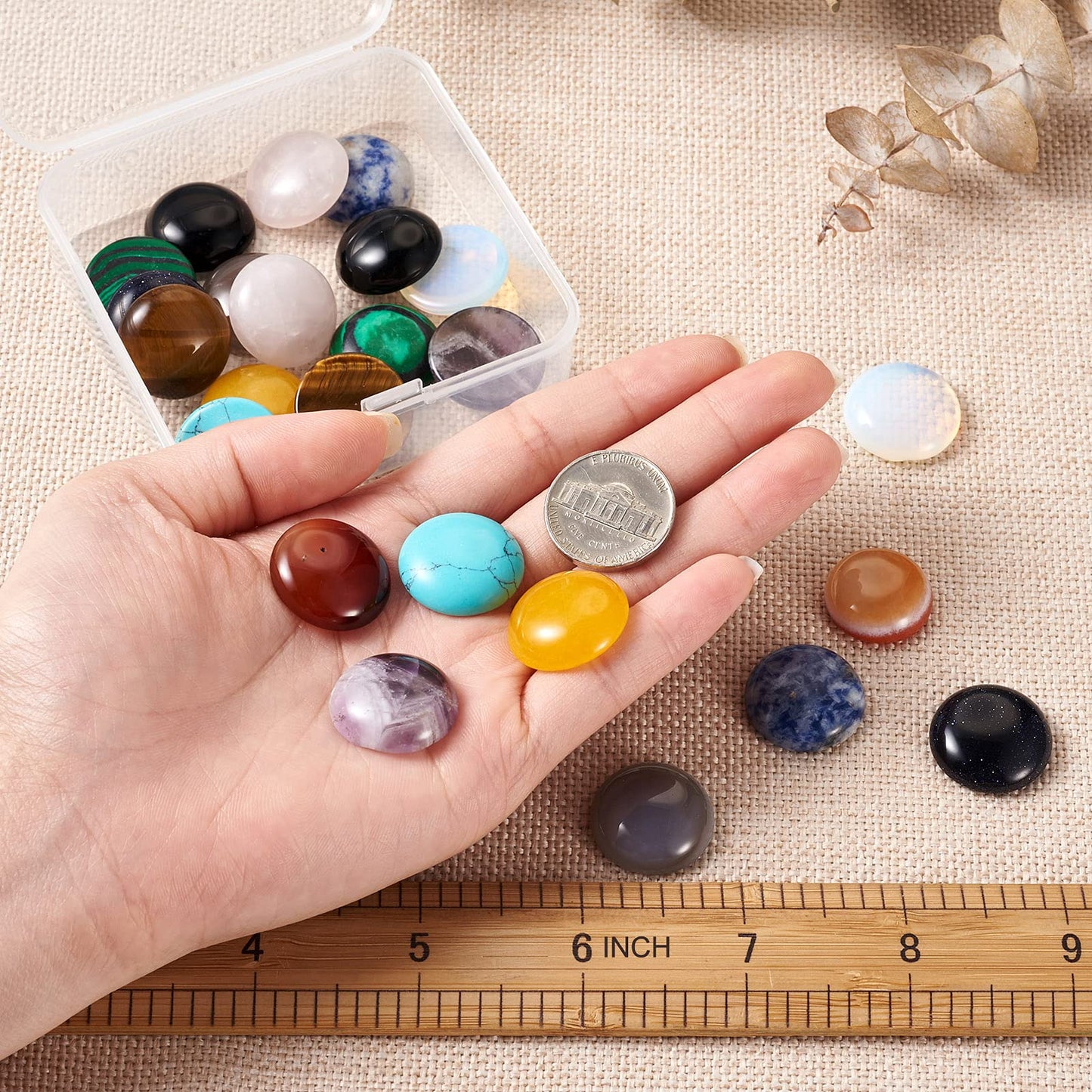 Fashewelry 24pcs 20mm Healing Crystal Gemstone Cabochons Assorted Round Flatback Natural & Synthetic Energy Stone Cab Covers No Hole for Jewelry Craft Bracelet Necklace Making