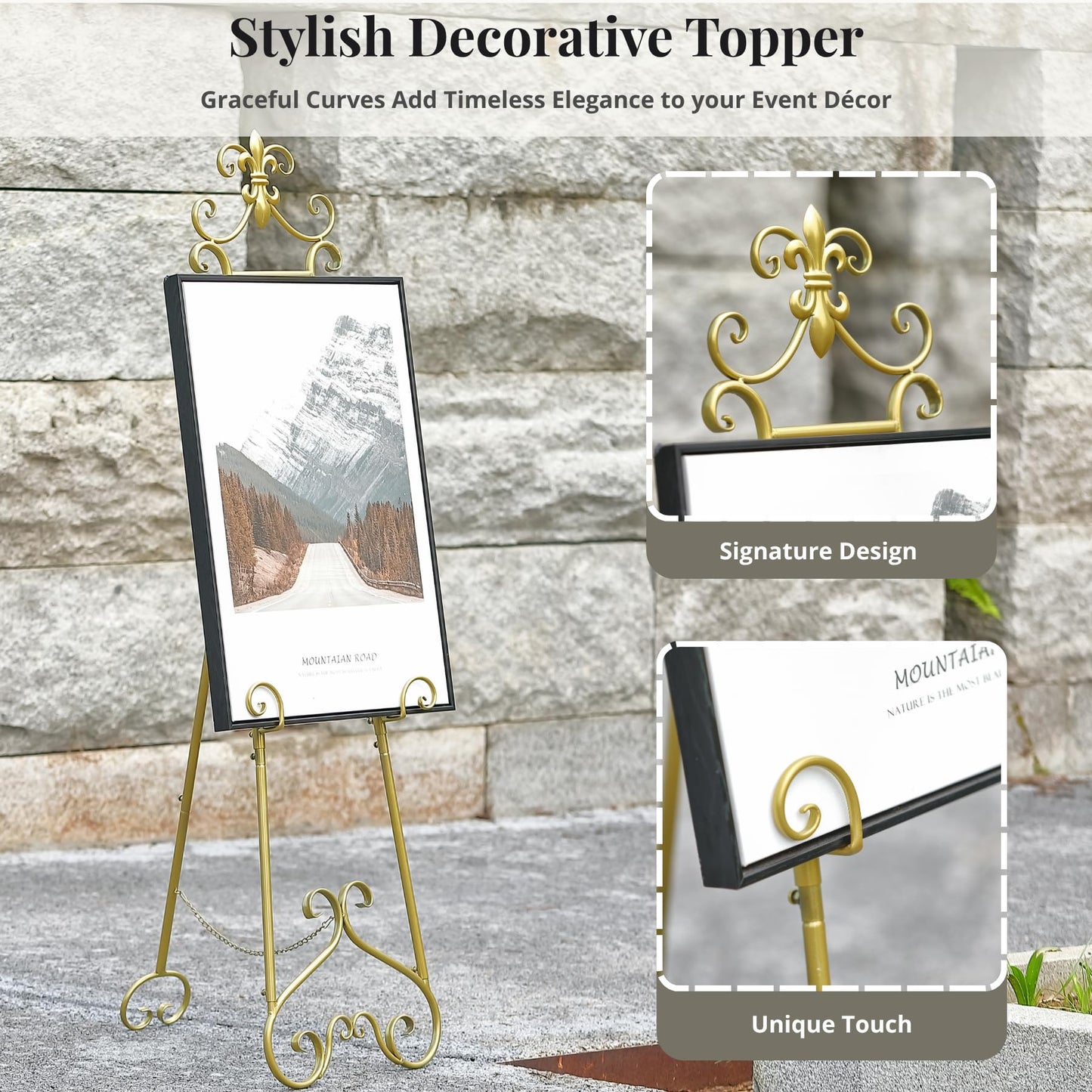CaliDecor 60” H Gold Easel Stand for Sign, Large Adjustable Metal Display Standing for Displaying Pictures Wedding Poster Holder Showcasing with Chain Support