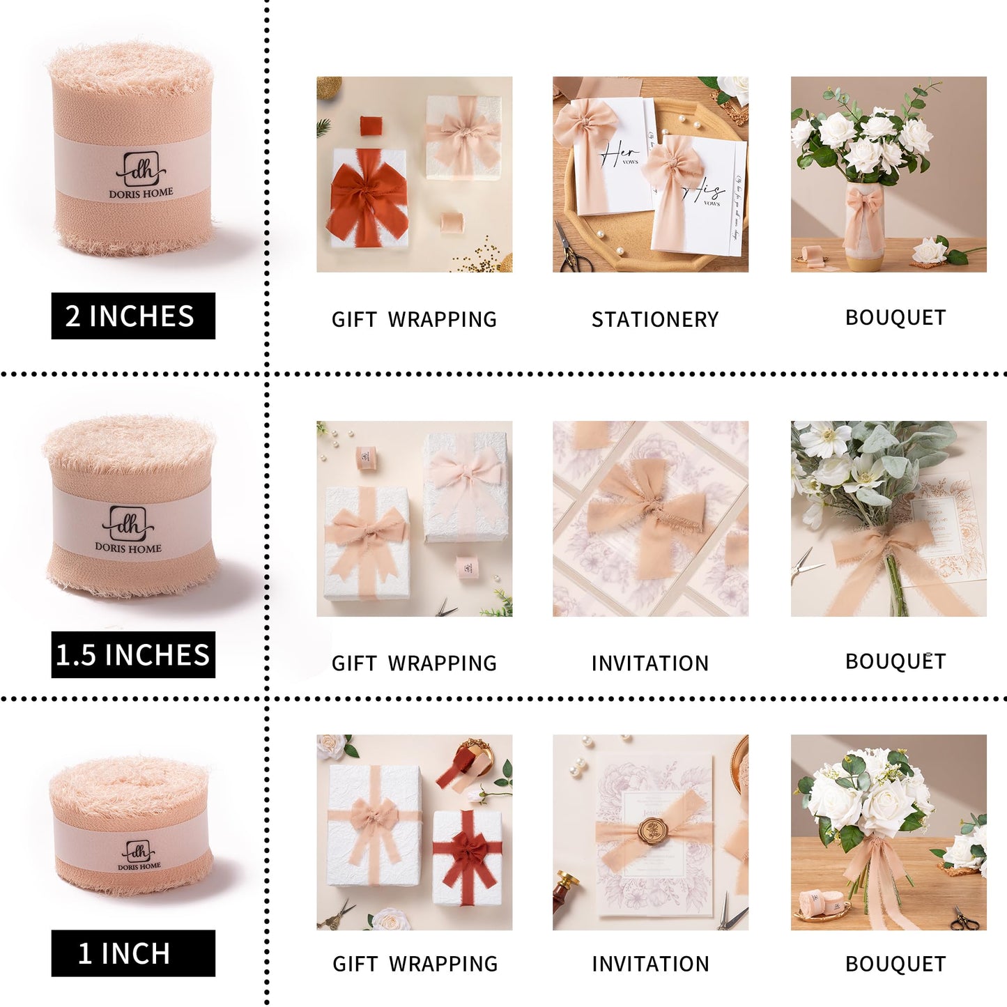 DORIS HOME Pink and Cream Chiffon Ribbon for Flower Bouquet, 1" x21Yd Fabric Ribbon for Gift Wrapping, Handmade Frayed Ribbon for Wedding Invitations/Christmas Decorations
