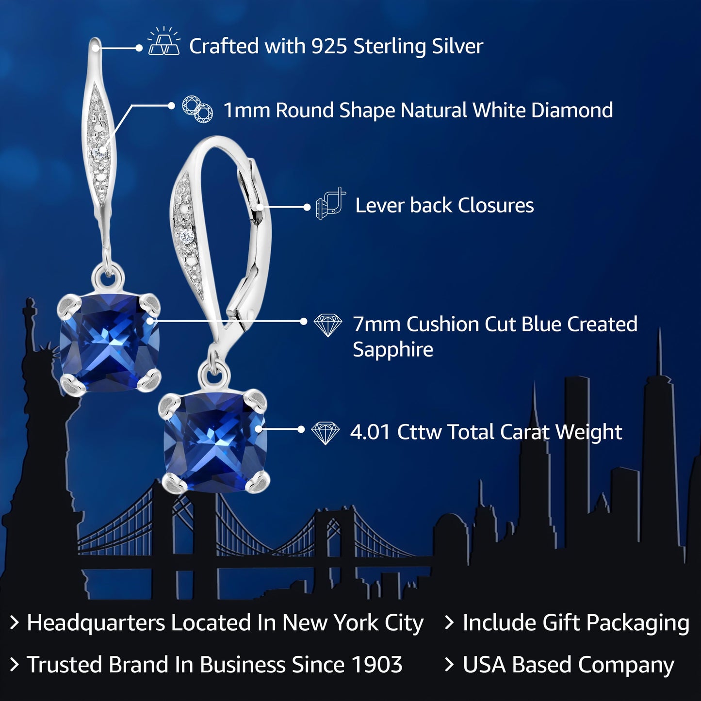 Gem Stone King Drop Dangle Earrings For Women | 7MM Cushion Cut Gemstone Birthstone and Diamond | 925 Sterling Silver | Jewelry Gift for Mom Wife Her | Created Sapphire-September | Sterling Silver