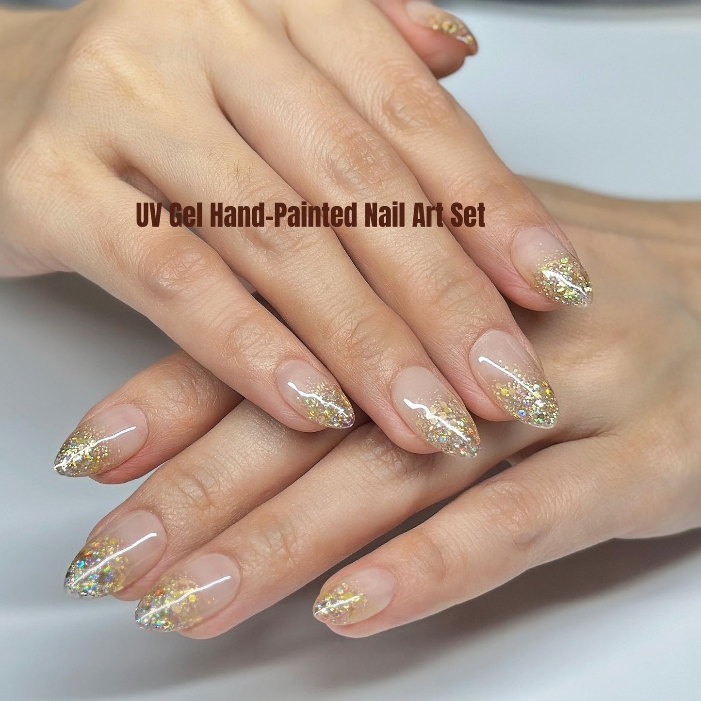 Sunruby Press On Nails Short Almond Jelly Pink Glossy with Gold Glitter Tips. Reusable Soft Gel Nails in 15 Sizes -30 Nail Kit with Glue | Designed in L.A, Handmade in Vietnam | Hi-End