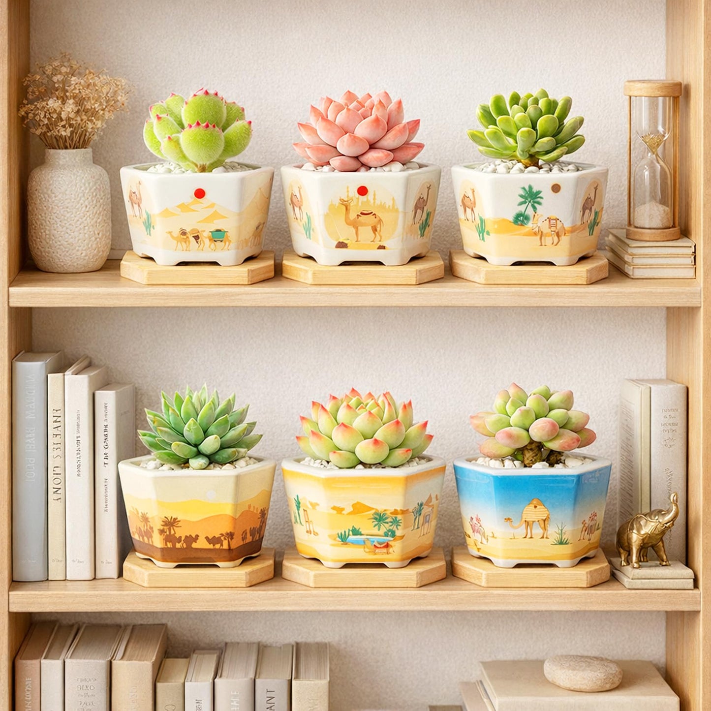 Succulent Pots, 6 Pack Floral Plant Pots with Drainage Tray, 3.7" Small Flower Pots for Indoor Plants, Ceramic Succulent Planters for Cactus, Home Office Decor