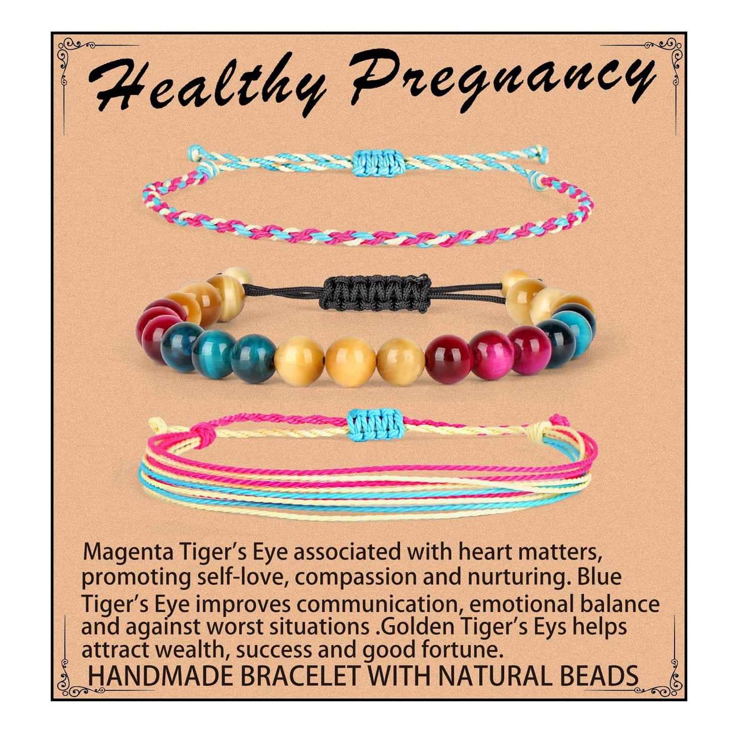 QOGIR Healthy Pregnancy Gift,8mm Natural Multi Color Tiger Eye Adjustable String Bracelet,Fertility Bracelets For Women First Time Mom