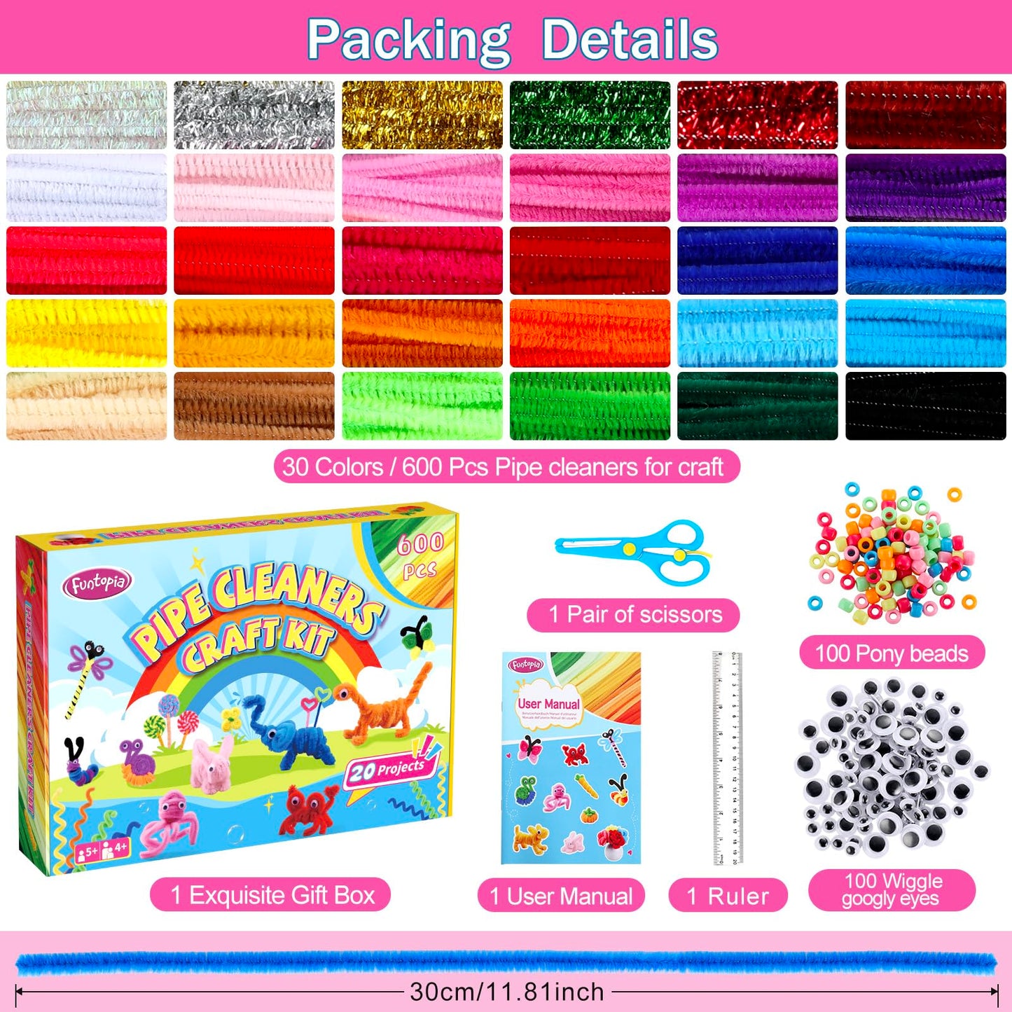 800pcs Pipe Cleaners Crafts Kit, 30 Colors Pipe Cleaners Bulk with 20 Designs Instruction Book, Colorful Chenille Stems for Animal Flower Creative Projects DIY, Arts and Crafts for Kids Ages 4-12