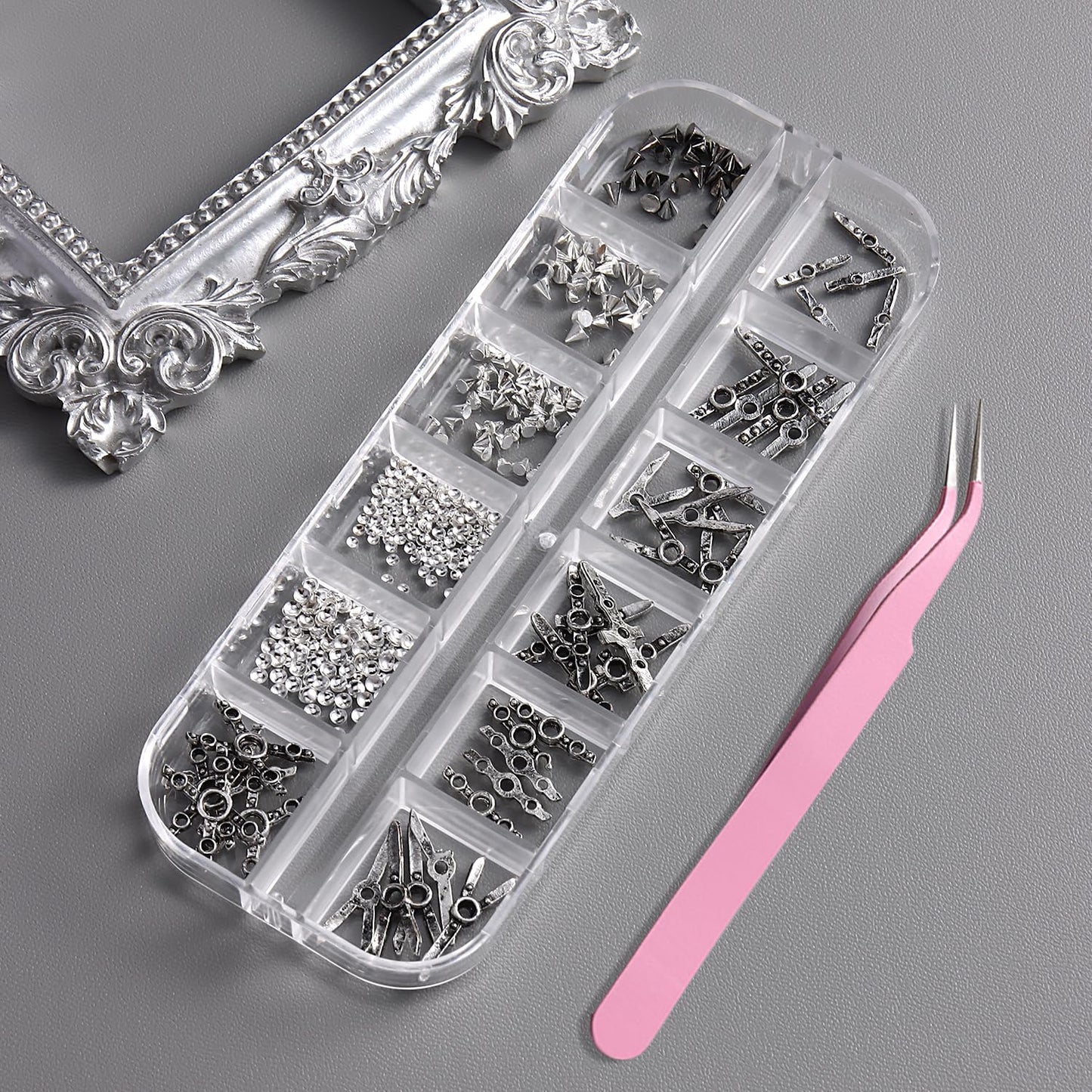 Furtherpretty Gothic Nail Charms Set, 3D Metal Punk Bondage Nail Accessories with Silver Spikes & Rivet Studs, Y2K Hollow Harness Strap and Belt Buckle Designs, Goth Nail Art Decorations with Tweezers