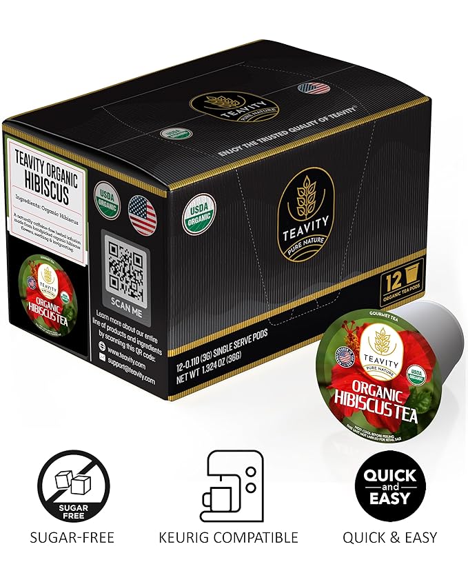 Organic Hibiscus Sabdariffa Tea Organic Naturally Decaf Tea Pods for Keurig by Teavity (36 Tea Pods)