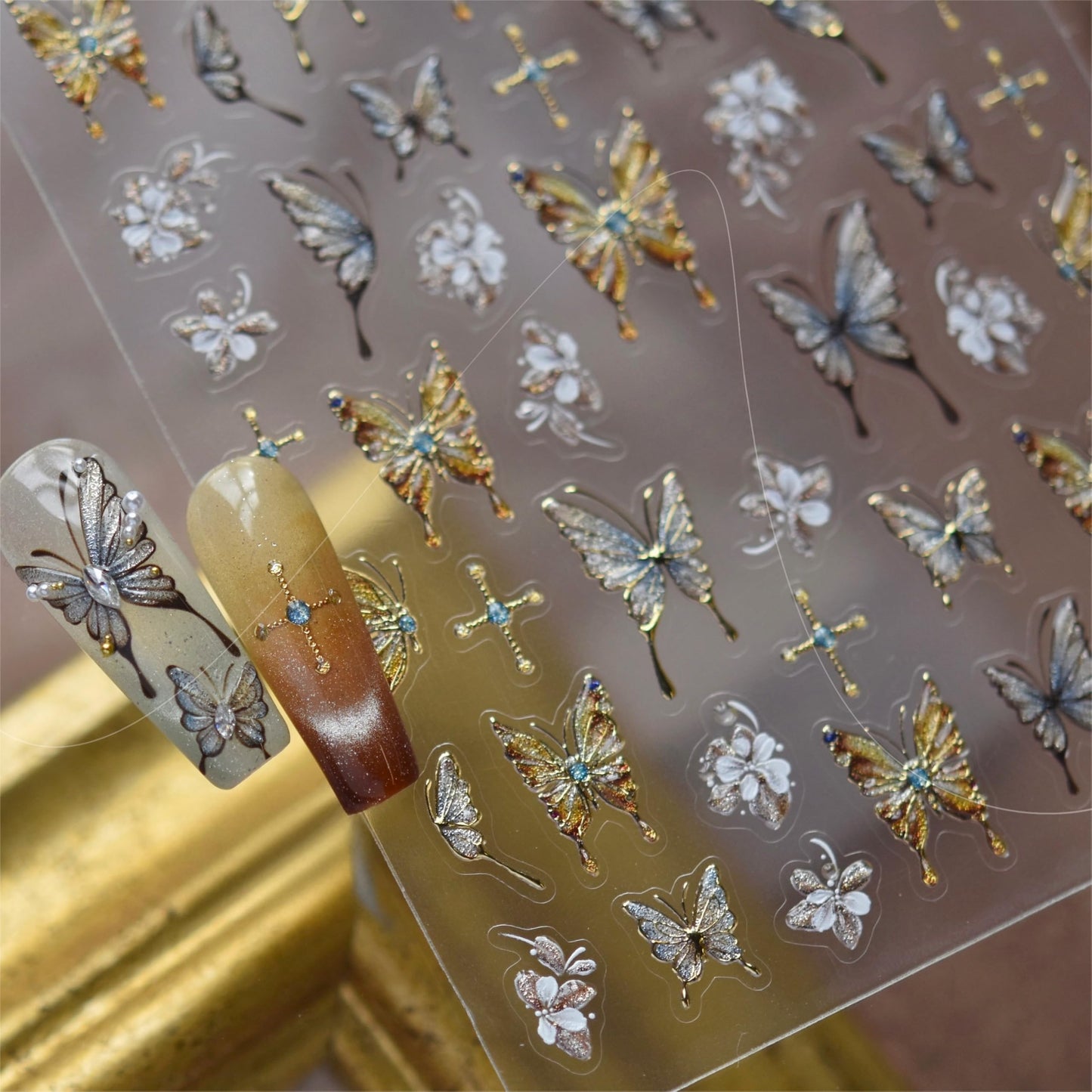 Phuryllic 3D Nail Stickers for Nail Art, Embossed Self-Adhesive Cute Nail Charms & Decals for DIY Nails, Easy-to-Apply Nail Design Supplies & Accessories for Home Manicure-Baroque Golden Butterfly
