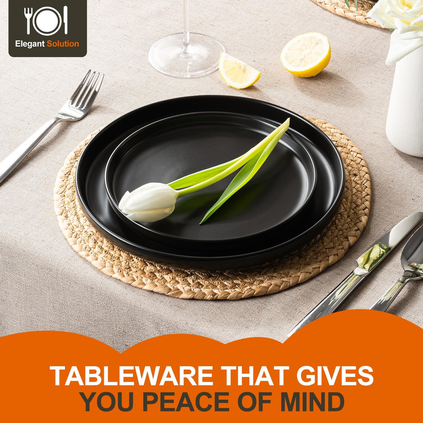 EWFEN Plates and Bowls Sets, 12 Pieces Ceramic Dinnerware Set for 4, Stoneware Dishware Dishes Set, Scratch Resistant Dishes Set, Dishwasher & Microwave Safe, Black