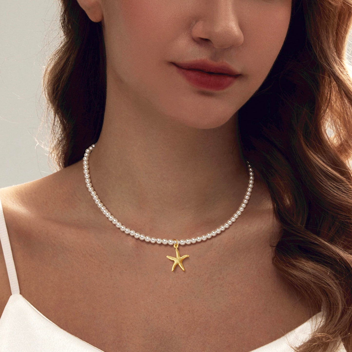 Zeffy Starfish Pearl Necklace for Women, 4MM Dainty Pearl Choker Necklace Summer Beach Jewelry Wedding Simple Bridesmaid Jewelry Gifts