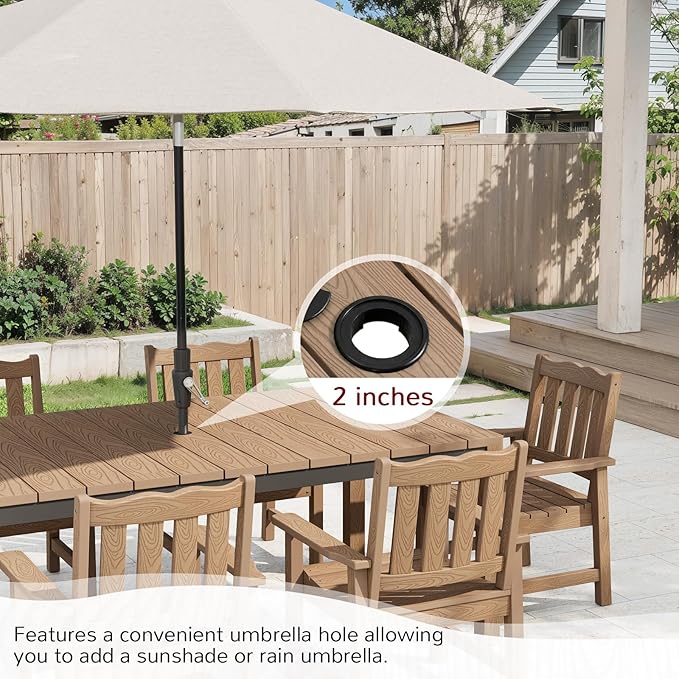 Stoog 7-Piece All-Weather Patio Dining Set, HIPS Dining Table with Cross-Braced Aluminum Frame & Umbrella Hole, 6 Waterproof Chairs, Fade & Rot Resistant, for Backyard, Garden, Deck, Teak