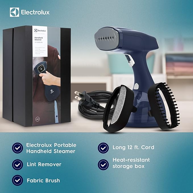 Electrolux Steamer for Clothes, 1500 Watt Portable Handheld Fabric and Garment Steamer with Lint Remover & Fabric Brush, Ultra-Fast Heat Up, 18 Min Continuous Steam for Powerful Wrinkle Remover, Blue