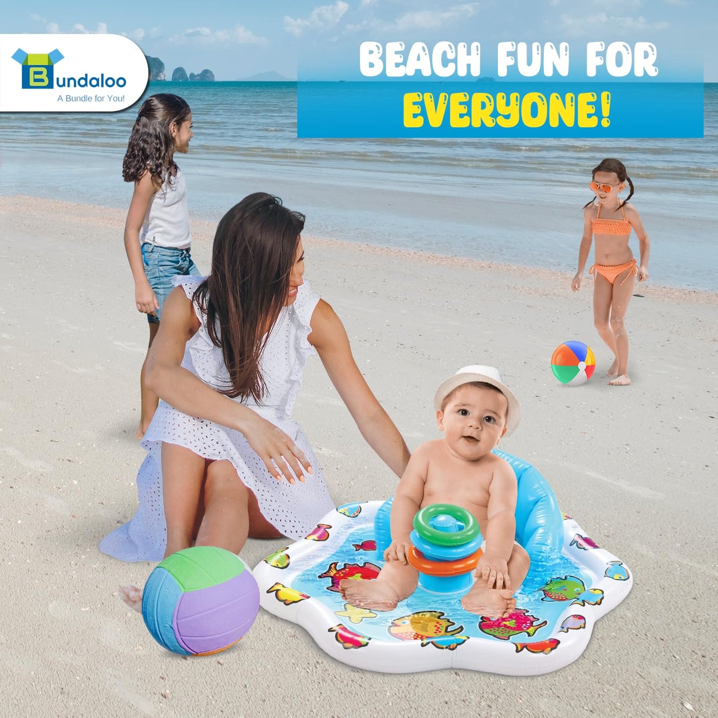Bundaloo Baby Splash Pad with Inflatable Backrest and Stackable Ring Toys – Sensory Water Play Mat for Infants and Toddlers – Summer Outdoor Fun