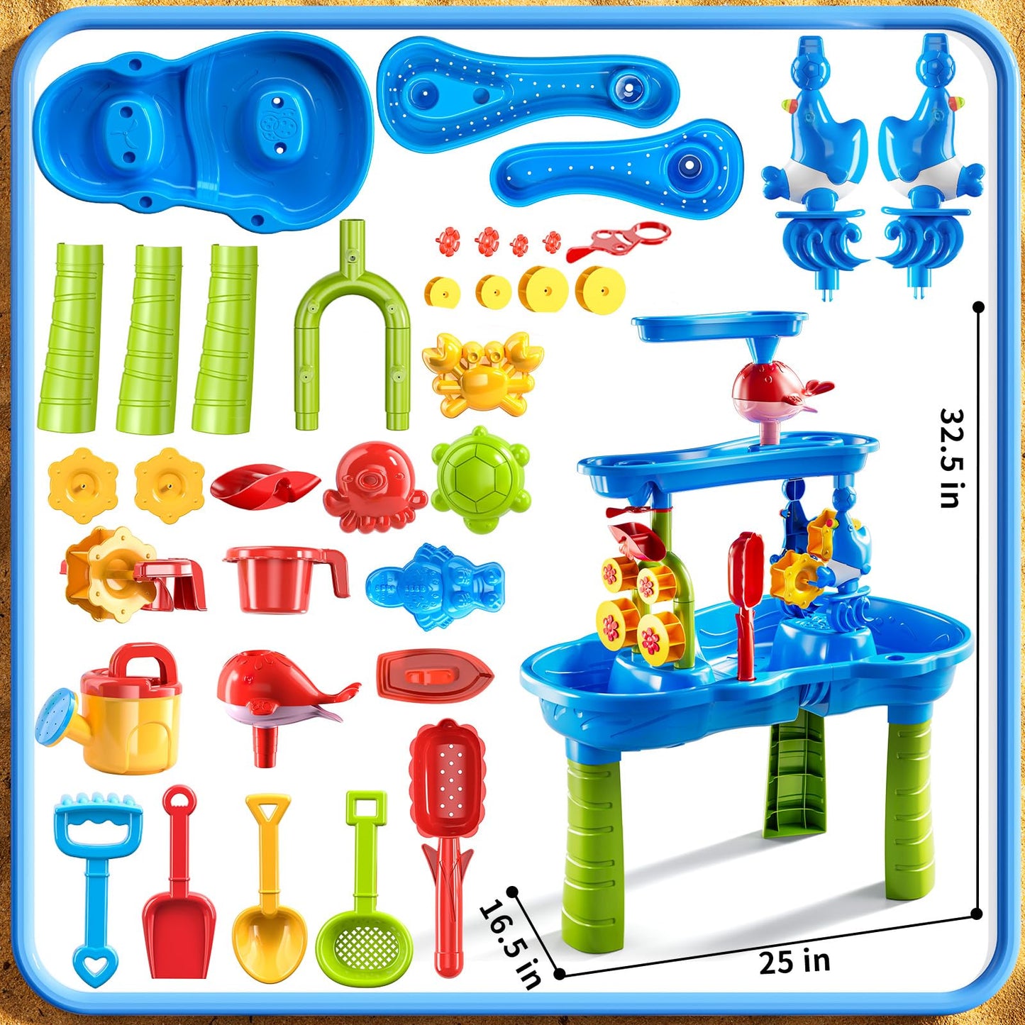 DULONIME 3-Tier Sand and Water Activity Table for Kids 3-8, Sensory Play Table with Waterfall Design & Beach Toy Set, Outdoor Backyard Playset for Toddlers 2-6, Great Birthday Present
