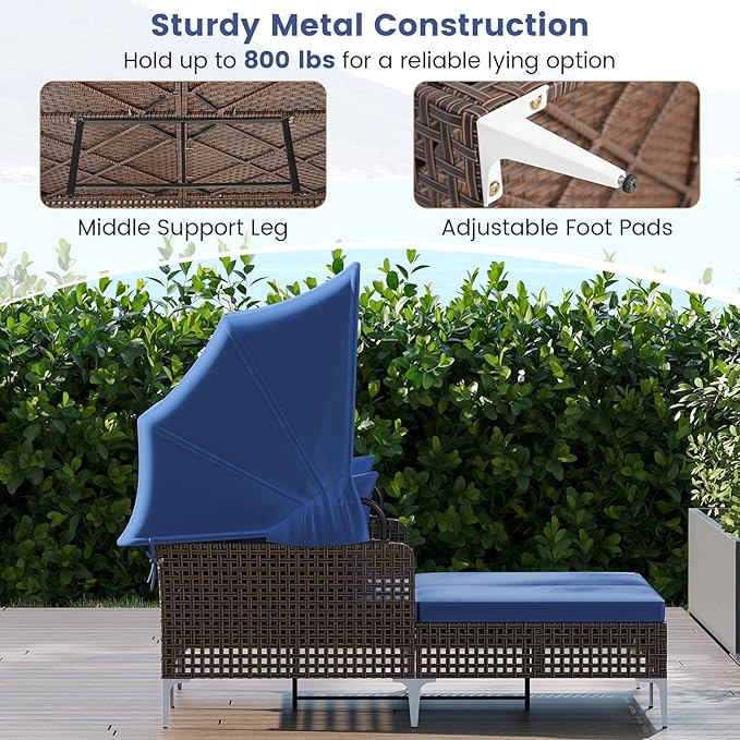 HAPPYGRILL Outdoor Daybed with Retractable Canopy, PE Wicker Rattan Patio Double Chaise Lounger with Cushions, Outside Sunbed Furniture for Garden, Poolside and Backyard (Navy)
