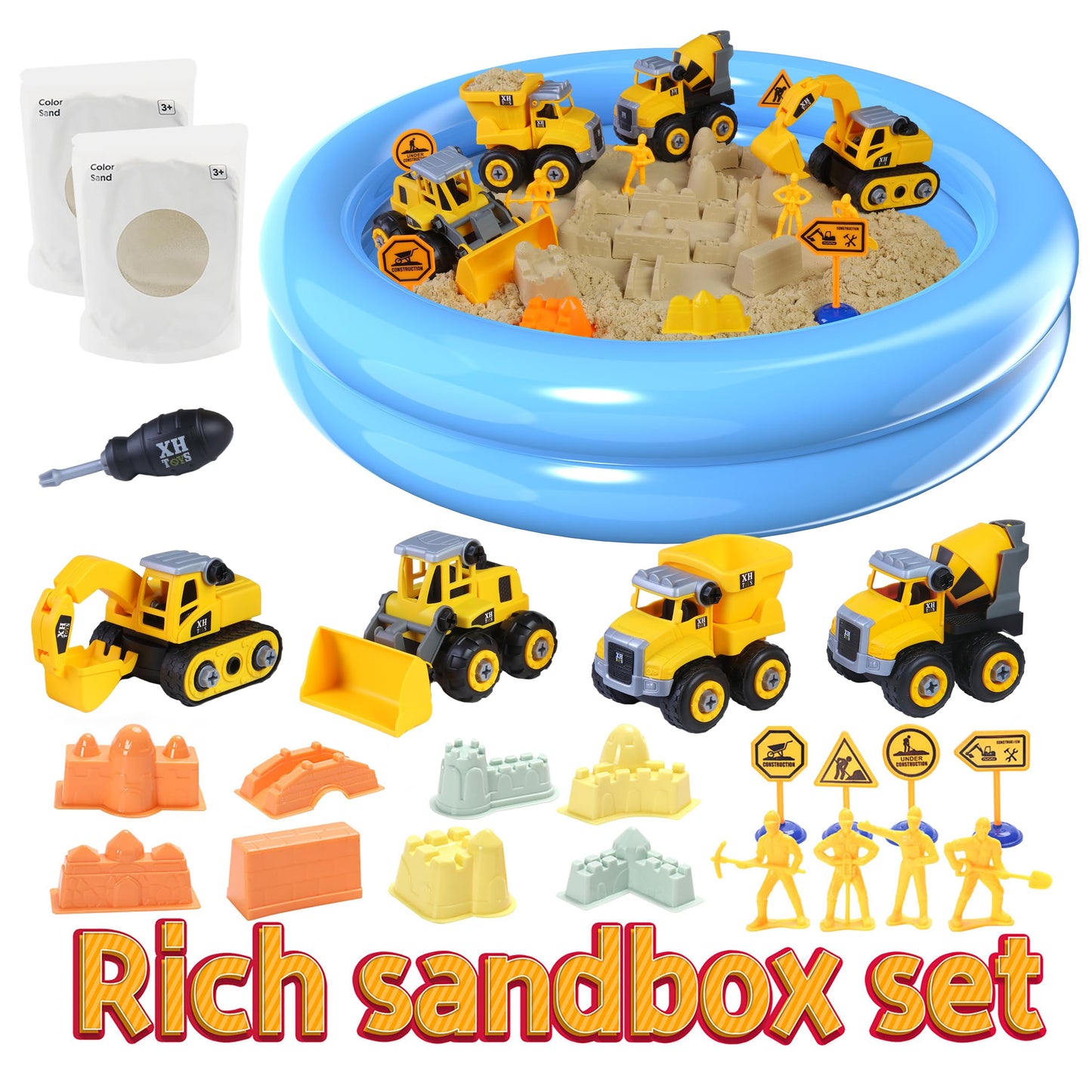 YIDESTARS Play Construction Sand Kit,2.2lbs Magic Sand W/4 Large Take Apart Construction Trucks,1 Sandbox,8 Worker Figures and Road Signs,8 Molds,Toys for 2-8 Years Old Boys Girls