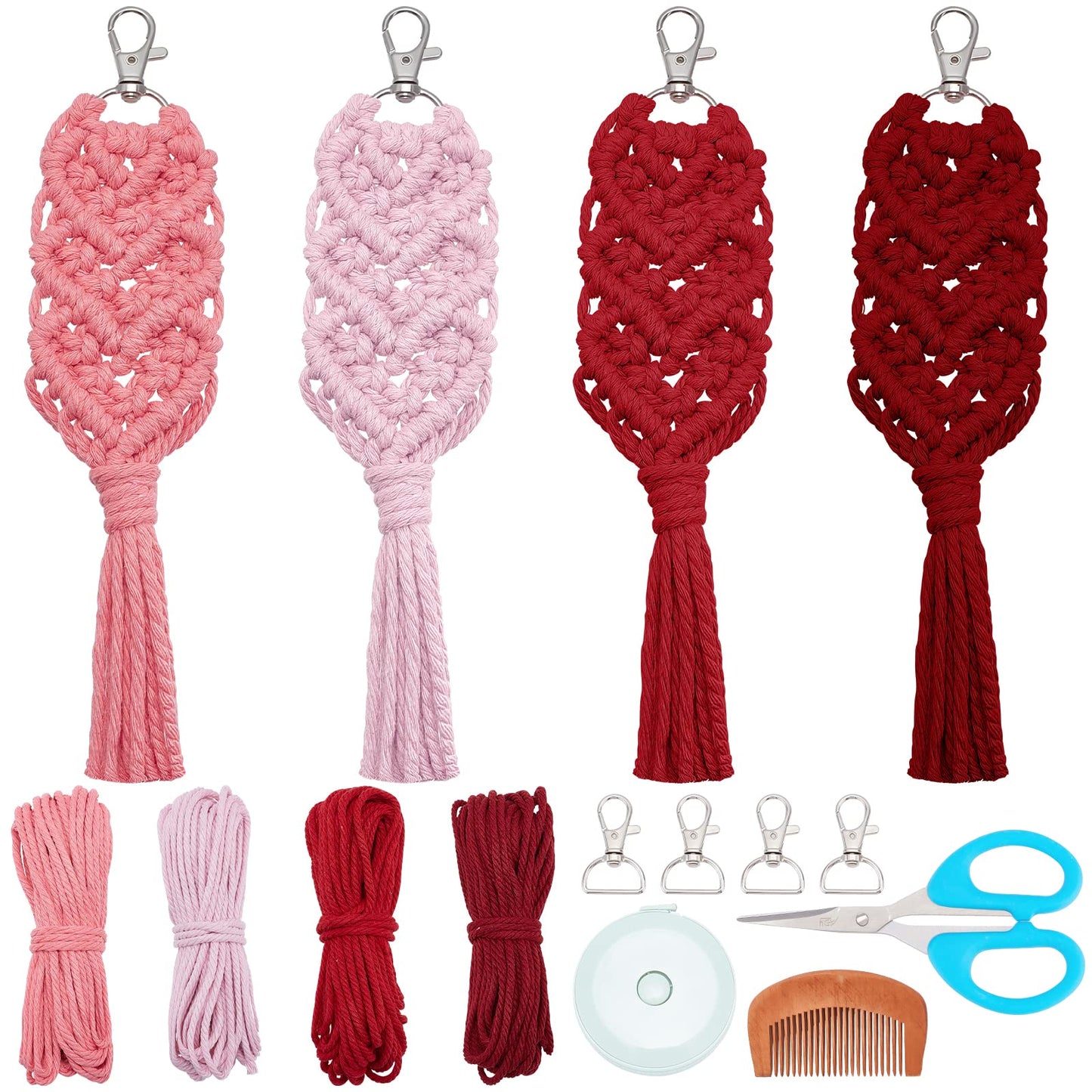 INFUNLY 4 Set Heart Macrame Keychain Kit DIY Kits Mini Boho Keychains Bag Charms Macrame Keychain Bracelet with Tassels for Car Key Purse Phone Instruction Included