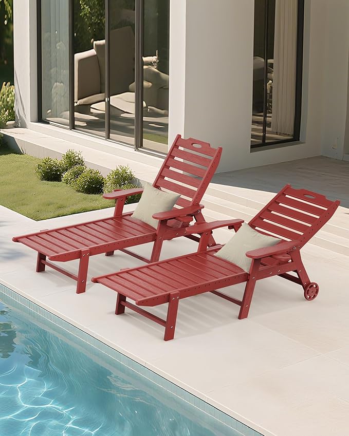 Carauci Lounge Chair Outdoor Set of 4, HDPE Chaise Lounge with Wheels, 5-Position Adjustable Backrest & 2 Cup Holders Patio Lounge Chair, All-Weather Pool Sun Lounger for Poolside, Backyard, Red