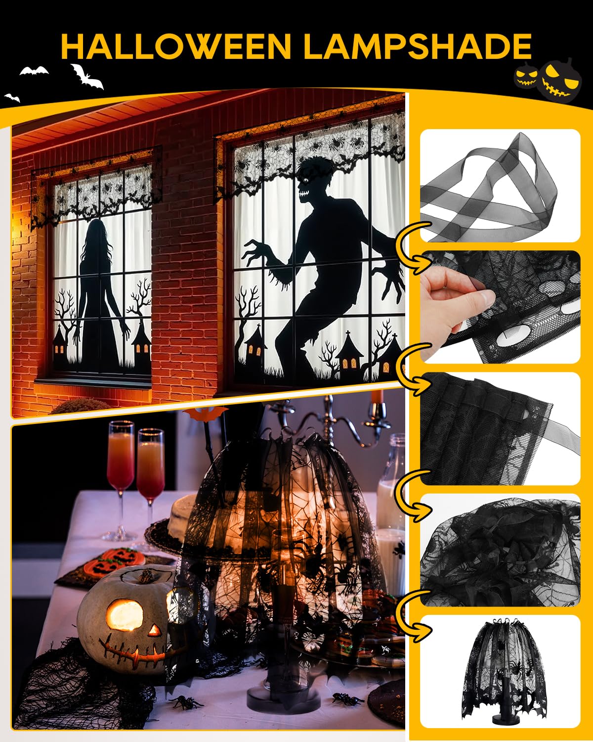 eZAKKA 5 Pack Halloween Decorations Indoor Halloween Spider Web Tablecloth Table Runners Fireplace Mantel Scarf Cobweb Lampshade Scary 3D Bats for Parties Gothic Spooky Home Decoration