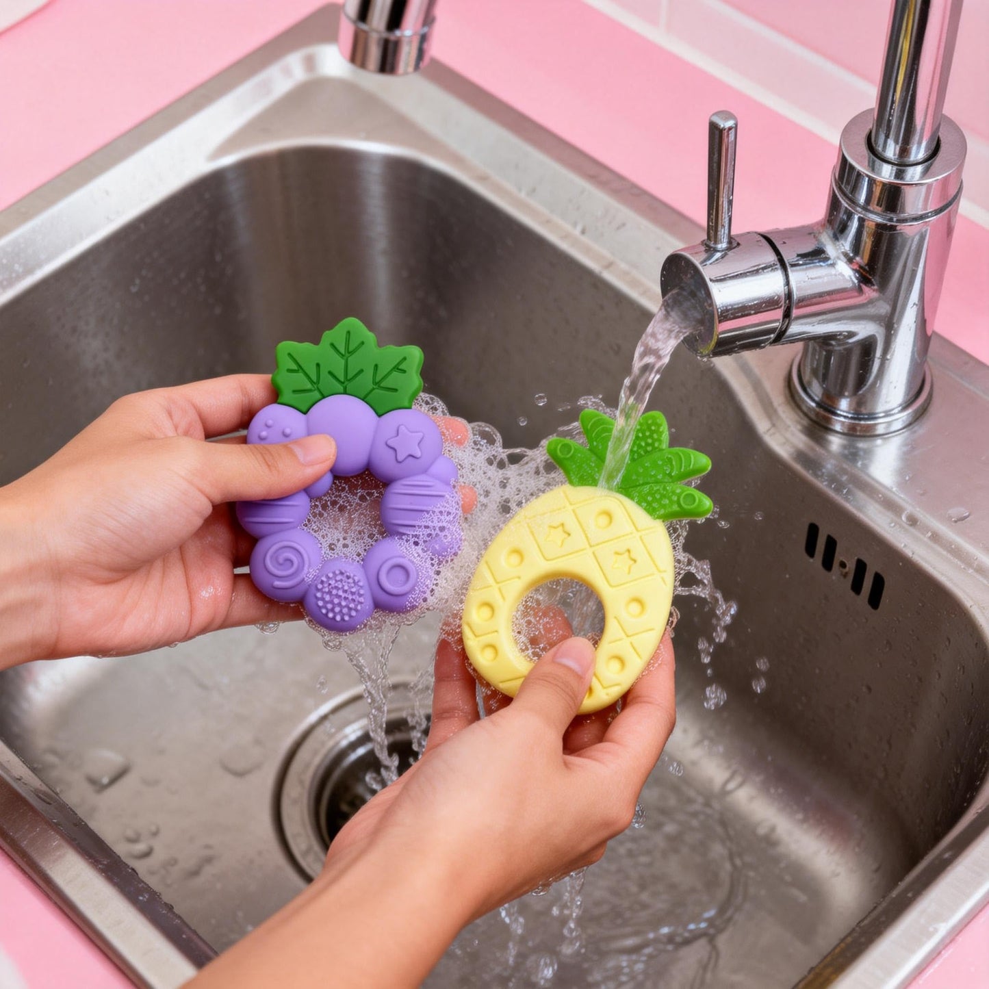 4 Pcs Silicone Baby Teether Set, Fruit Textured Baby Teething Toys, Infant Teething Newborn Teether for Infants, Freezer Safe Frozen Teething Toys, Essential Baby Gear