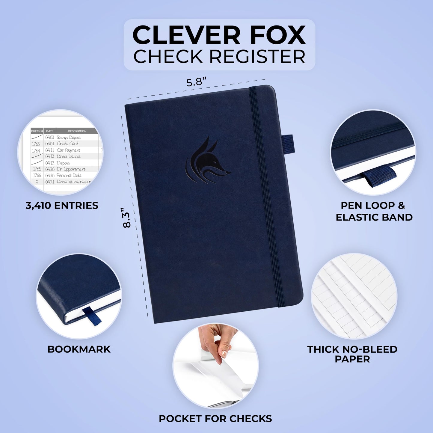 Clever Fox Check Register Book - Deluxe Transaction Register, Accounting Ledger Book, Checkbook Register & Checking Account Register Book for Personal and Work Use, A5 Hardcover - Dark Blue