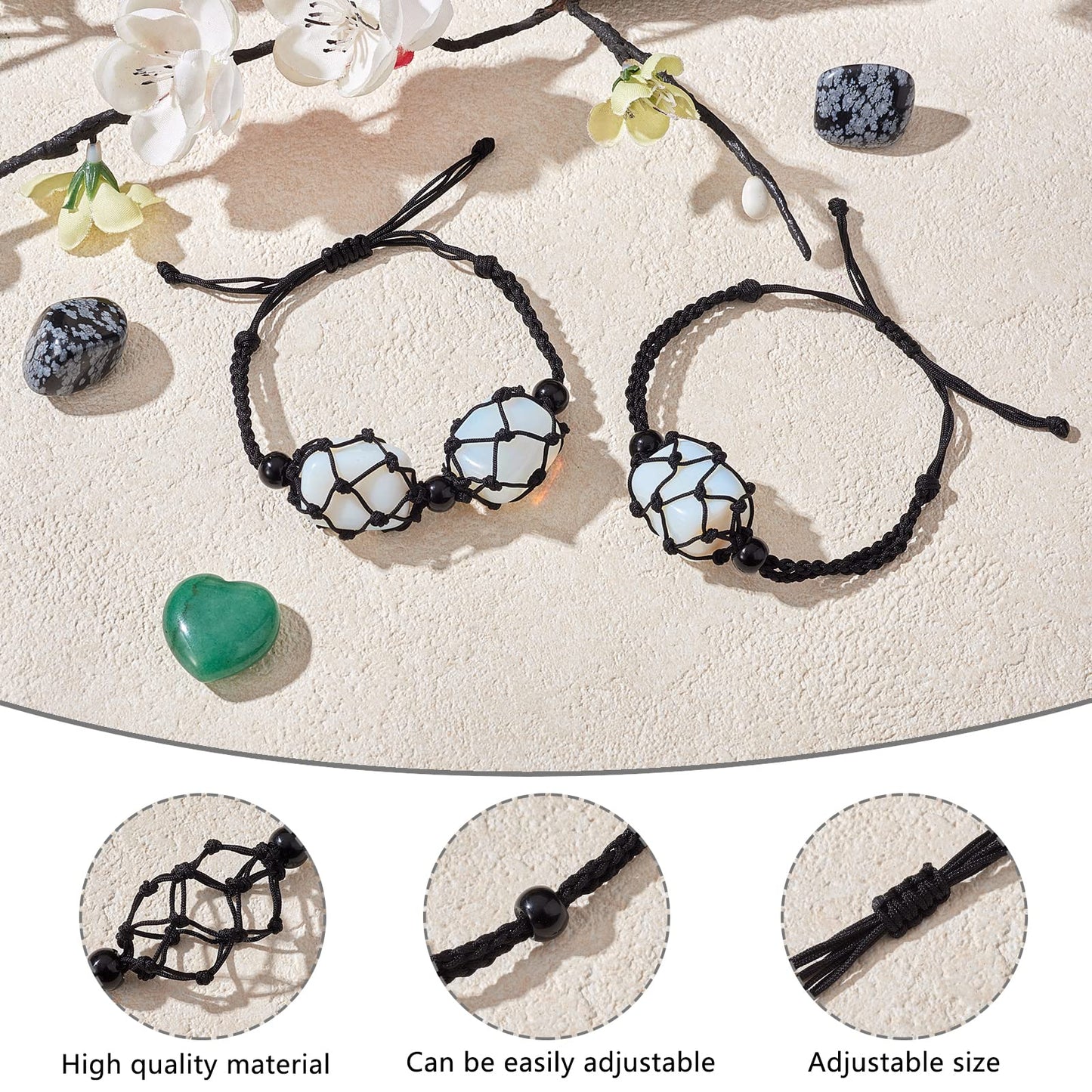 WEWAYSMILE 2 Pcs Empty Crystal Bracelet Holder Adjustable Stone Cage Cord Nylon Braided Netted Holder Crystal Bracelets Cord for DIY Bracelet Making(Black)