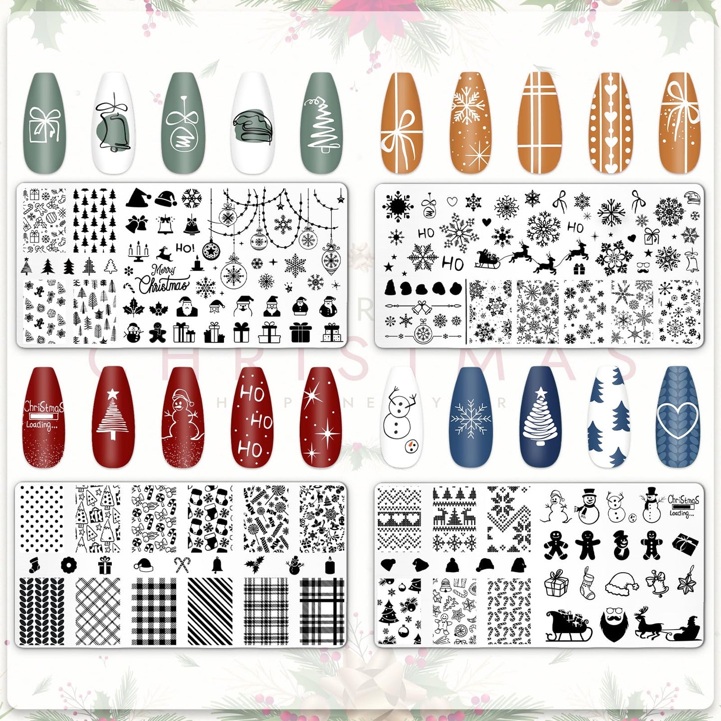 JarThenaAMCS 4Pcs Christmas Nail Plates Stamping Set Xmas Tree Snowflake Snowman Stamp Templates Nail Art Plates for Winter DIY Print Manicure Salon Design Gift