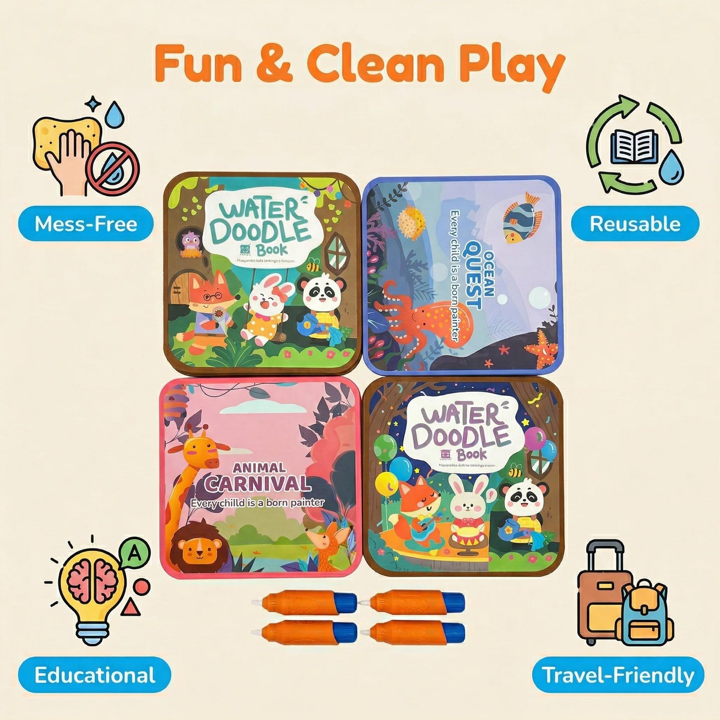 Water Painting Book for Kids 4 Pack - Reusable Magic Water Coloring Books with 4 Water Pens, 36 Pages Mess-Free Art Activity Toys for Toddlers Ages 3-5, Travel Toys Educational Learning Gifts