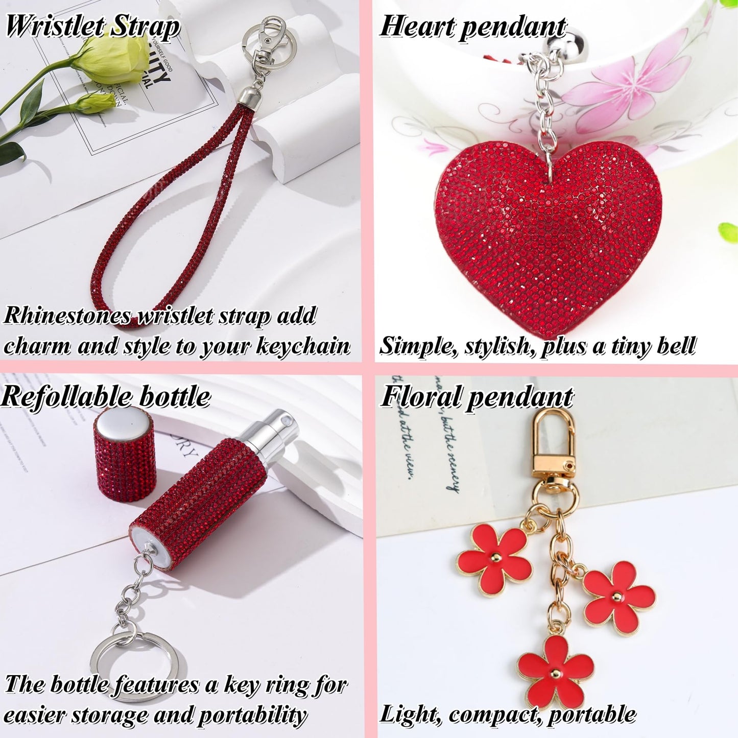 KLKOKVKE Gift Keychain Set for Women Including Wrist Strap, Heart Accessory, Petal Decor and Pom Pom Brown