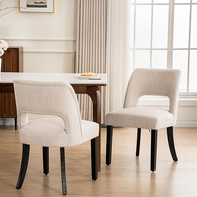 VKNOW Wooden Dining Chairs Set of 2, Modern Fabric Upholstered Dining Room Chair Kitchen Chairs, Farmhouse Dinner Chair for Kitchen Dining Room, Beige-Black Legs