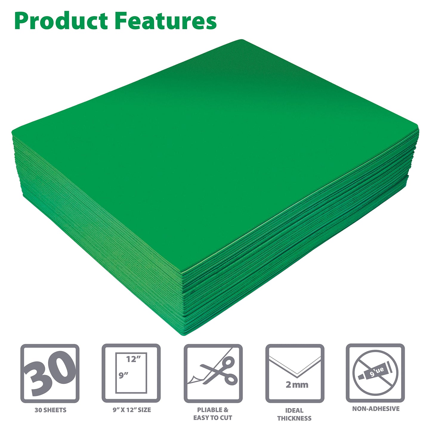 Better Office Products Green EVA Foam Sheets, 30 Pack, 2mm Thick, 9 x 12 Inch, Green Color, for Arts and Crafts, 30 Sheets Bulk Pack