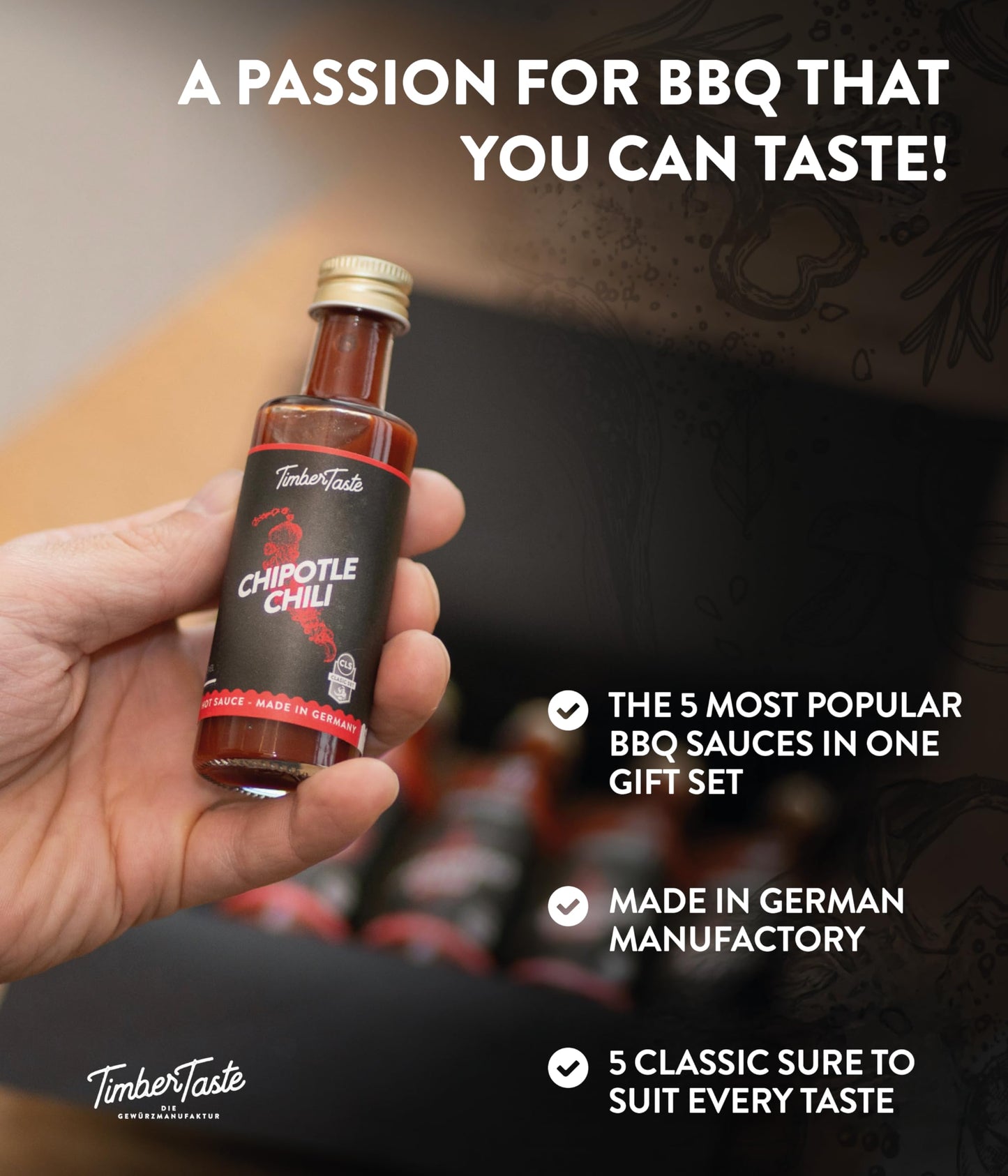 TIMBER TASTE® BBQ Sauce Gifts for Men [5x40 ml] - BBQ Sampler Set with Rubs and 5 Gourmet Barbecue Blends | BBQ Gift Sets | Grill Sauces Gift Set | BBQ Sauce Kit for Dads Birthday Present Box