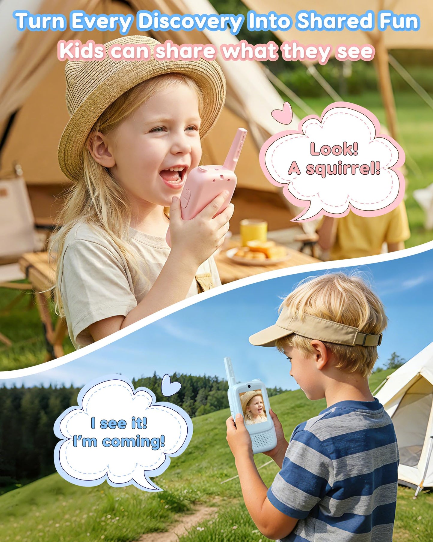 SwiftWi Kids Video Walkie Talkies, 2 Pack with Camera, See Each Other While They Talk, No WiFi No SIM Private Channel, USB-C Rechargeable, Up to 1150 Ft, Ages 3-12, Blue & Pink