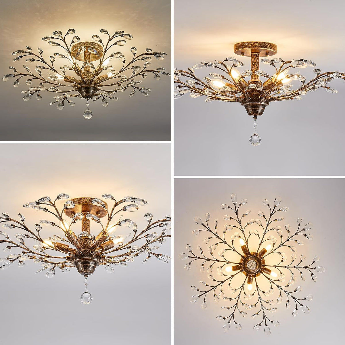 Ganeed Vintage Crystal Chandelier, Modern Bronze Branches Ceiling Light Fixture with 5-Light Heads for Farmhouse Living Room Dinning Room Kitchen Over Table Hallway