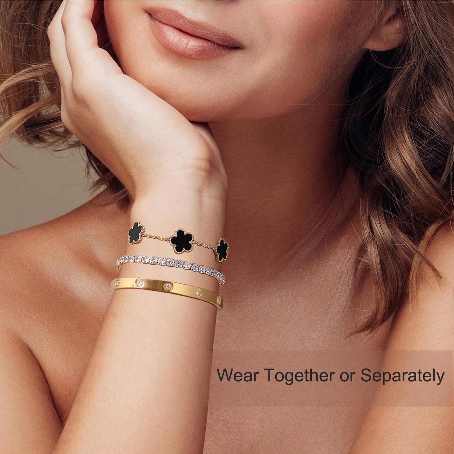 YOUNGGRACE 18K Gold Plated Bracelet Sets for Women - 3PCS Stackable Bracelets Including Bangle, Tennis Chain & Four Leaf Clover Bracelet, Elegant Gold Jewelry Set for Everyday Wear, Gift for Her