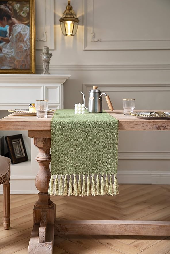 ZeeMart Green Table Runners 36 Inches Long, Burlap Linen Style Rustic Farmhouse Table Runner, Small Short Boho Coffee Table Runner, 13x36 Inches, Grass Green
