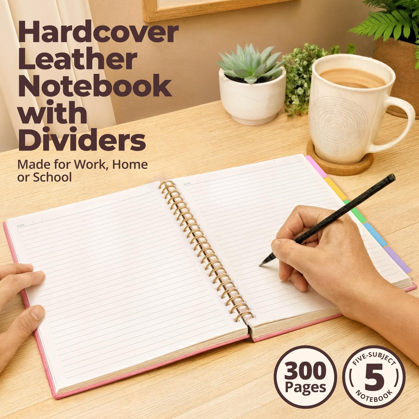 Hardcover Leather Lined Spiral Notebook 8x10" with Removable Dividers - Pink - 300 Pages 5 Subject College Ruled Notebook for Work with Tabs, Pockets, and Pen Loop for Note Taking, Large Journal