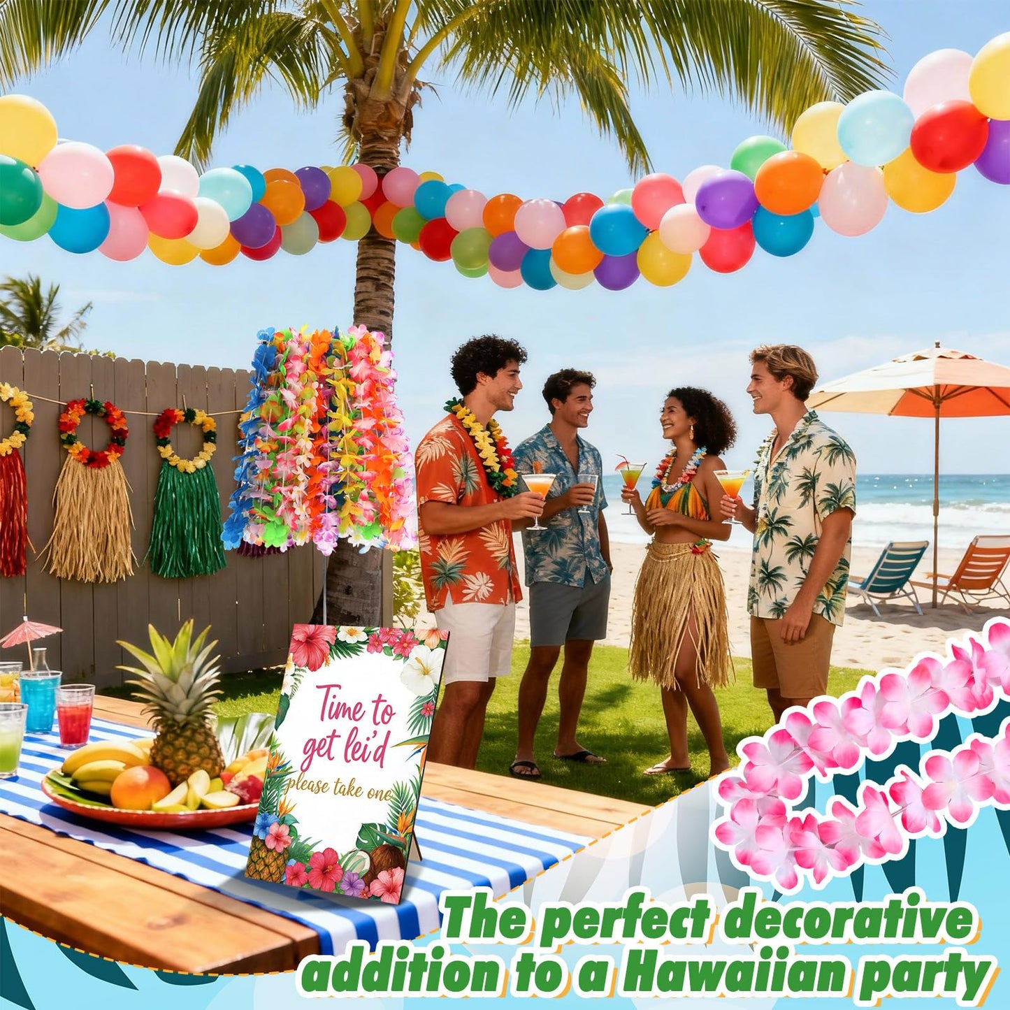Suncalla 26 Pack Hawaiian Leis Luau Party Decoration Set Include 24 Pcs Hawaiian Leis 1 Pcs Wreath Stand ( Adjustable Base) 1 Pack Luau Party Welcome Wooden Signs for Summer Tropical Flower Lei Shows