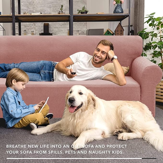 XINEAGE New 1 Piece Couch Covers for 2 Cushion (55"-69") Stretch Loveseat Sofa Cover Slipcover Jacquard Universal Furniture Protector with Elastic Bottom for Kids,Dog (Loveseat, Dusty Pink)