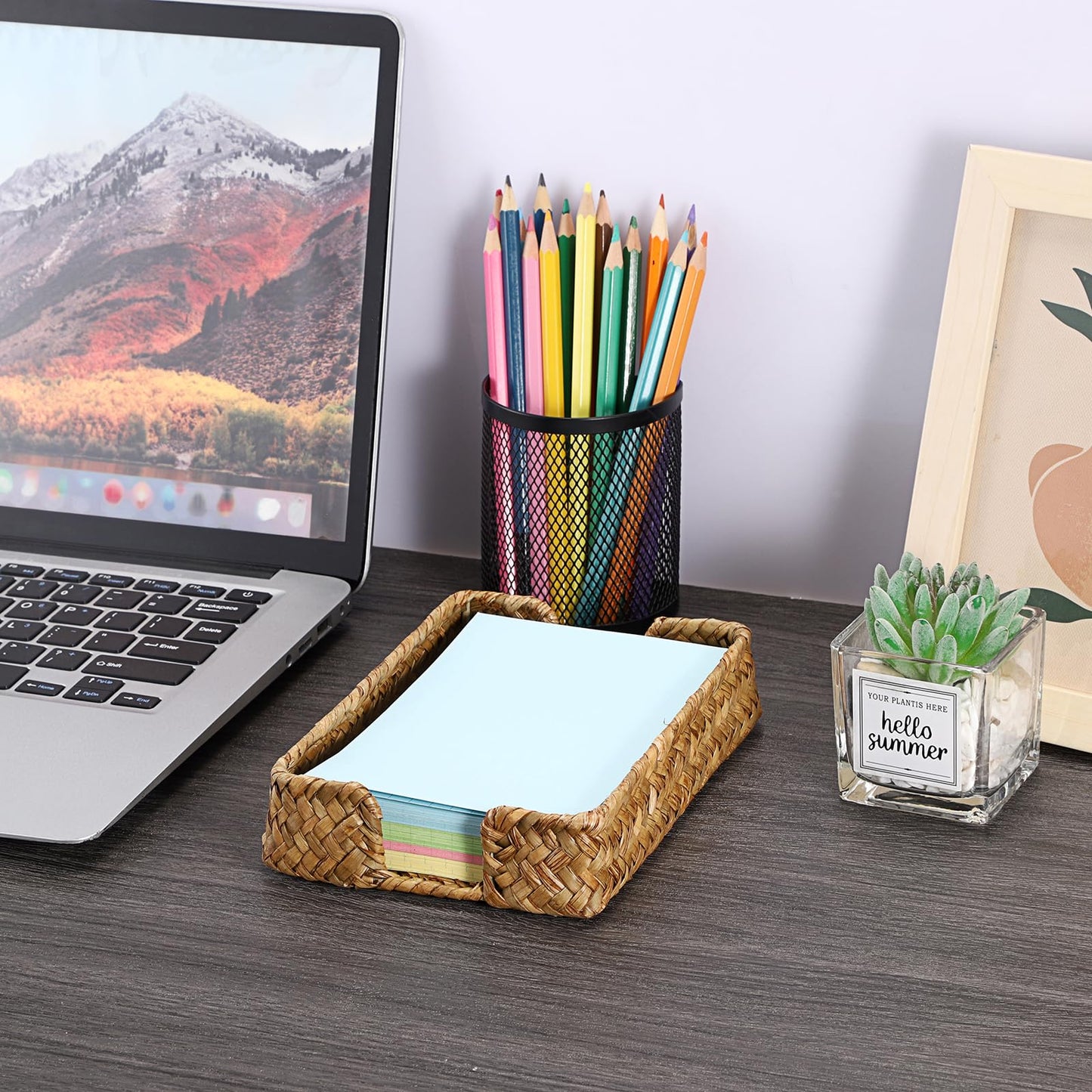 BTSKY Handwoven Sticky Note Holder for 4x6 Inch Sticky Notes, Seagrass Post It Note Dispenser, Rustic Notepad Holder, Notes Storage Container for Desk Organization Planning, Home Office, Caramel