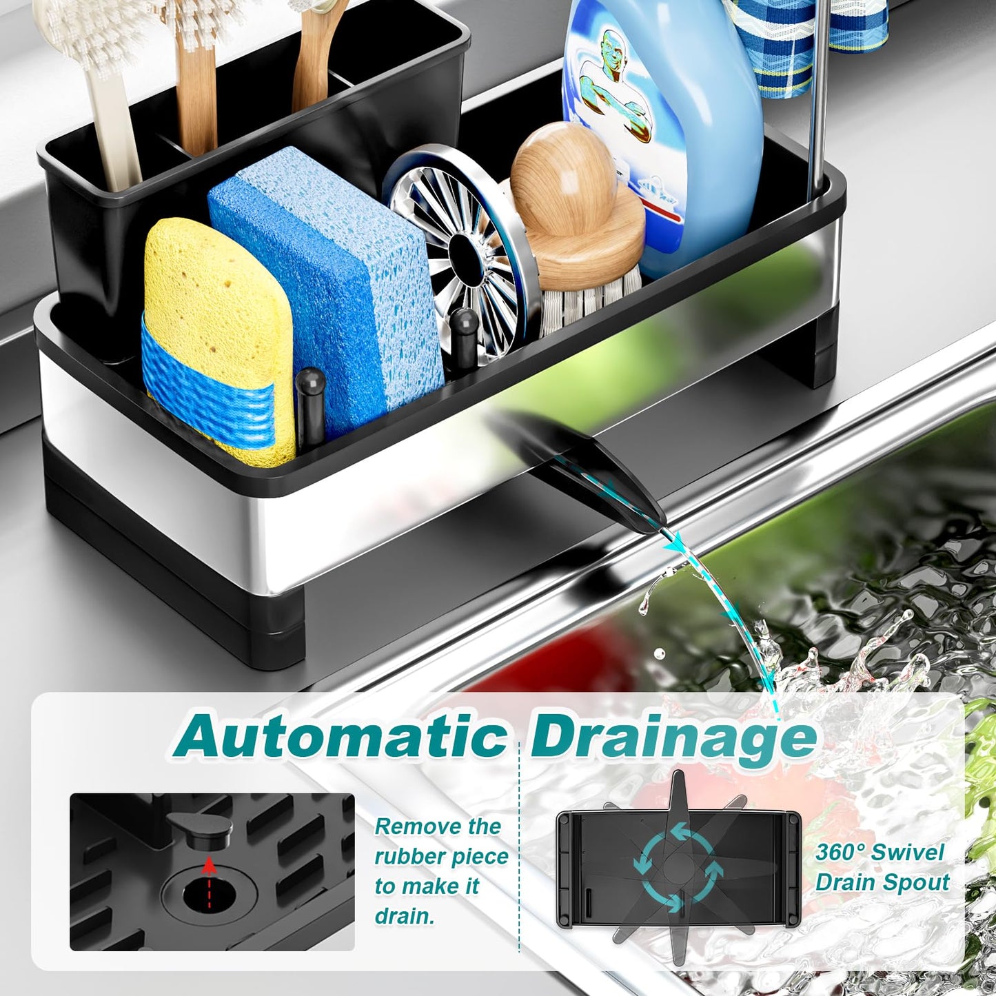 Ewaiira Stainless Steel Sink Caddy, Sponge Holder for Kitchen Sink with Brush Holder Dishcloth Rack, Rustproof sink Organizer Countertop, Soap Dispenser Kitchen Organizers Storage Essentials,9.8″Black