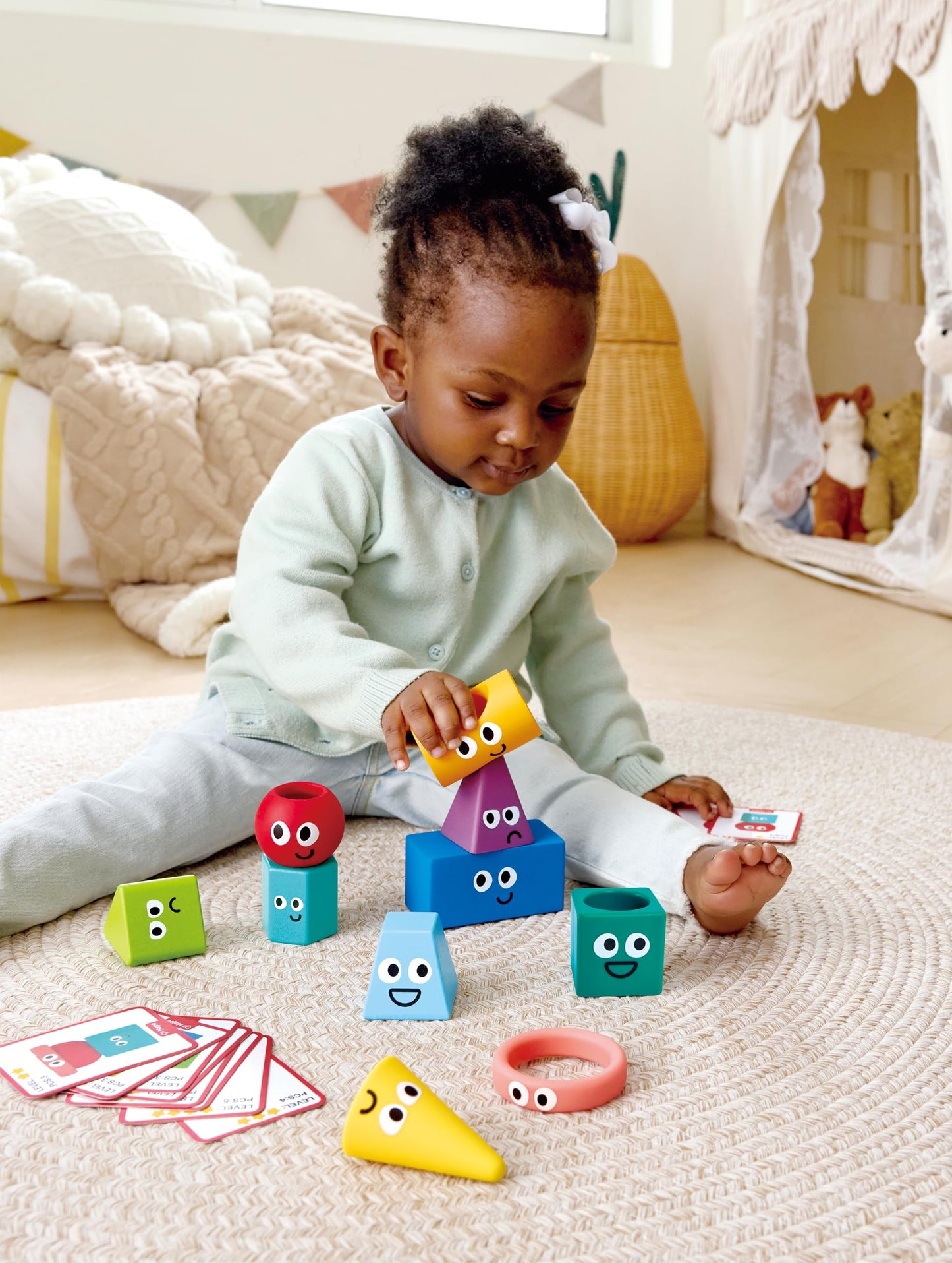 Hape Montessori Stacking Blocks - 10 Pcs Geometric Shapes & 16 Challenge Cards, Multi-Sensory STEM Toy for Toddlers 1-5, Develops Fine Motor Skills & Spatial Thinking, Silicone, Wood & Plastic