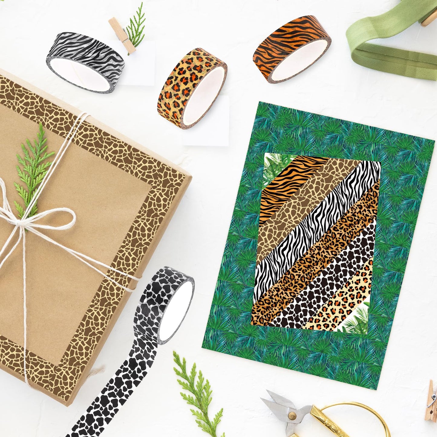 Whaline 8 Rolls Animal Prints Washi Tape Safari Jungle Decorative Masking Tape Set Leopard Cheetah Zebra Tiger Giraffe Greenery Wrapping Paper Tapes for Scrapbook Journal DIY Art Crafts
