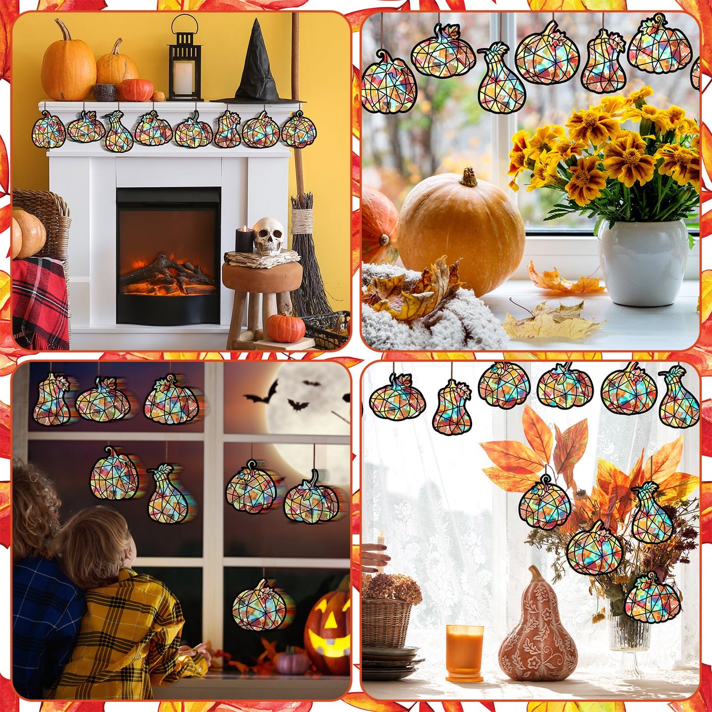 Eersida 32 Pcs Thanksgiving Pumpkin Suncatchers Paper Craft Set Fall DIY Pumpkin Shaped Stained Glass Tissue Paper Kit Bulk for Autumn Thanksgiving Classroom Activities Party Window Art Decor
