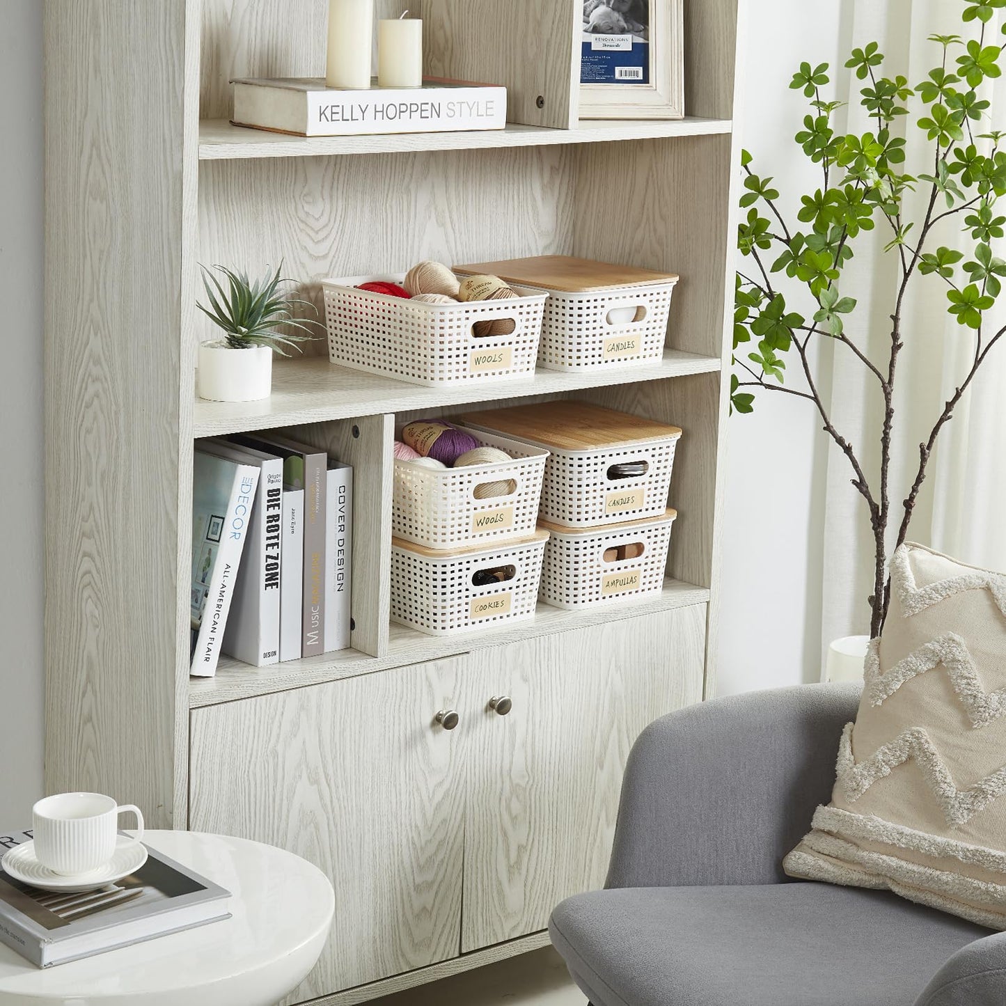 Bagnizer Small Plastic Storage Bins with Bamboo Lids 5.2qt Stackable Box Basket Pantry Decorative Containers Cute with Labels for Organizing Desktop Closet Office Cream White of 6 packs 10*7.2*4.1"