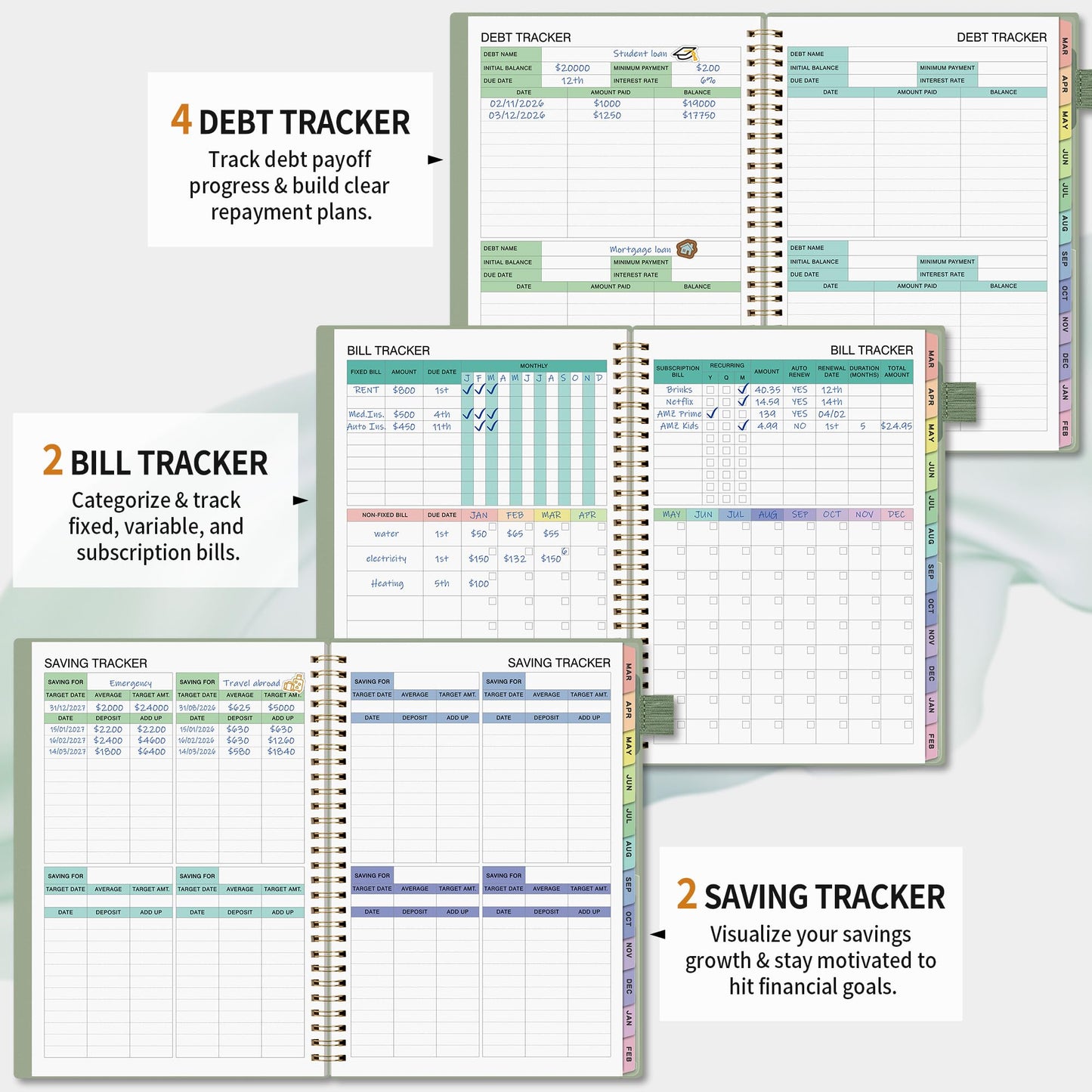 Budget Planner - Monthly Budget Book for Daily Expense Tracking, Business, Debt, Savings, B5 (7.3" x 10.15") Undated Financial Planner with Colorful Tabs Manages Your Money Effectively, Light Green